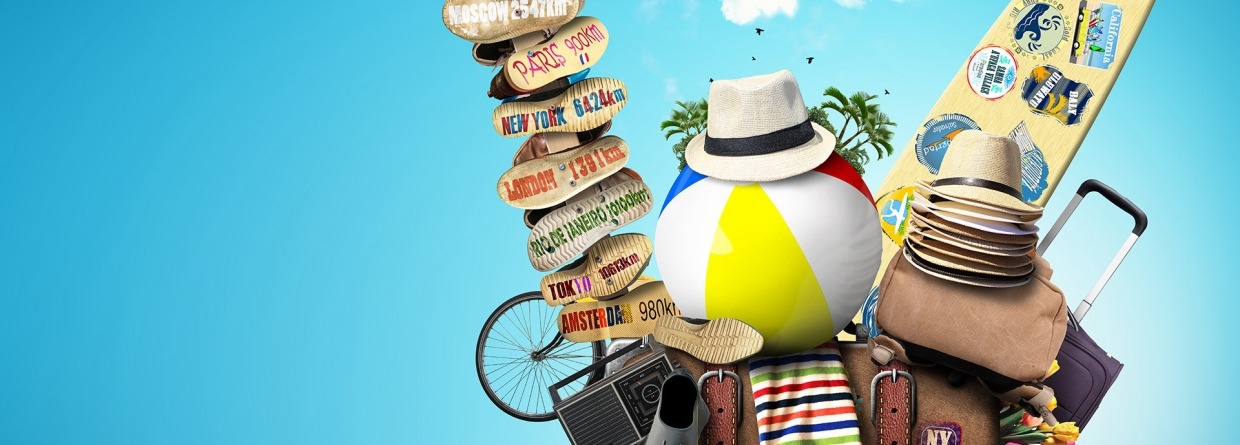 vakantiebenodigdheden, koffer, surfplank, bal, hoed, schoenen, tas, flippers, tennis racket, handdoek, fiets