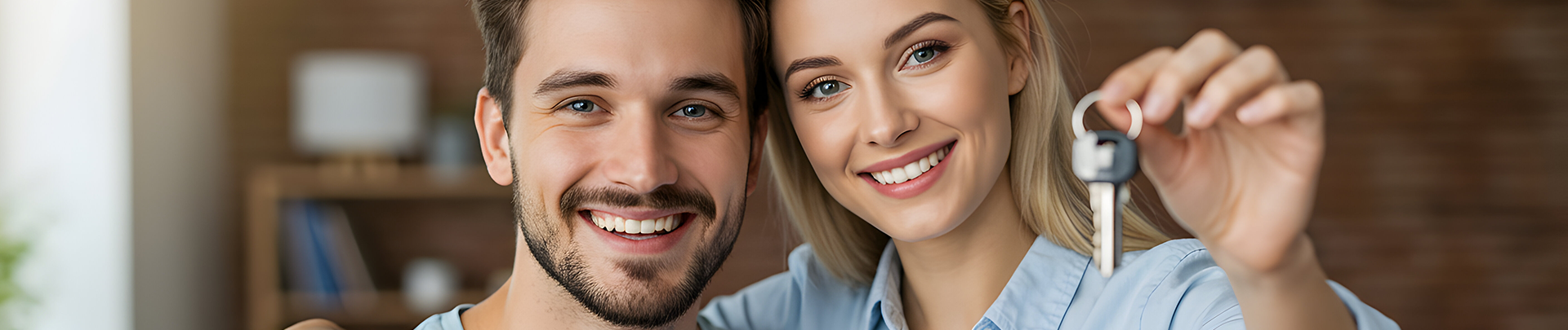 vrolijk jong stel toont de sleutels van hun nieuwe huis