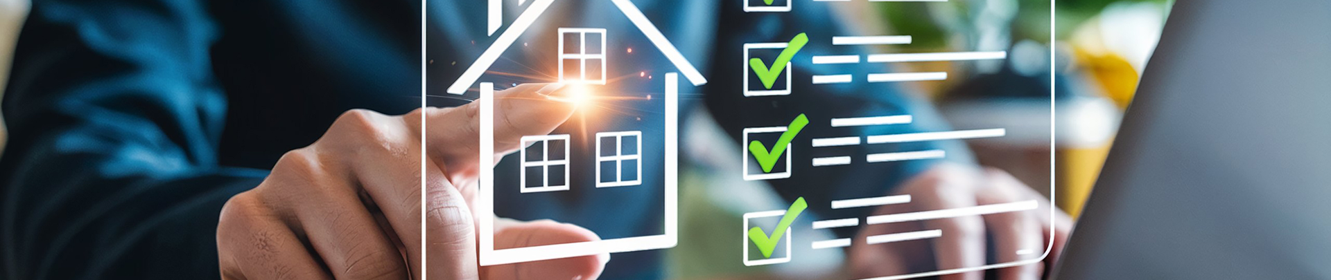 Man achter een laptop met een pop-up van een silhouet van een huis en een checklist